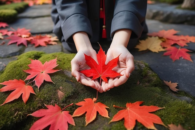 dos manos de una chica asiática sosteniendo cuidadosamente una hoja de arce roja sobre el fondo de musgo y las hojas de otoño en el suelo la temporada de otoños en el templo enkoji de Kyoto, Japón