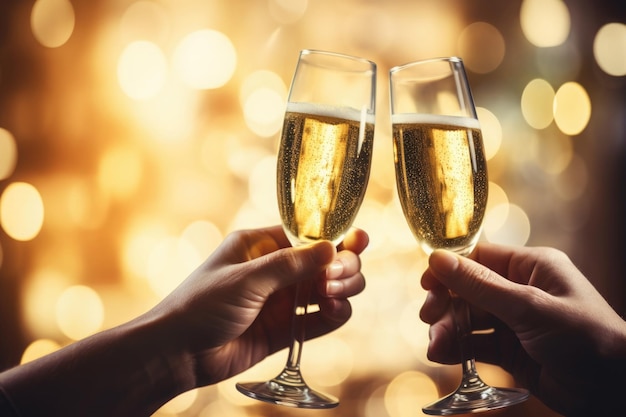 Dos manos con copas de vino de champán tintinean contra luces doradas borrosas Fondo festivo y concepto de celebración