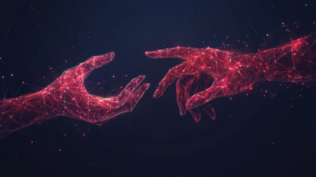 Dos manos digitales sosteniendo algo rojo Ilustración de marco de alambre de poli bajo en fondo azul oscuro Concepto de tecnología Abstracto Gestos humanos en polígonos Conectados puntos brillantes Líneas y triángulos