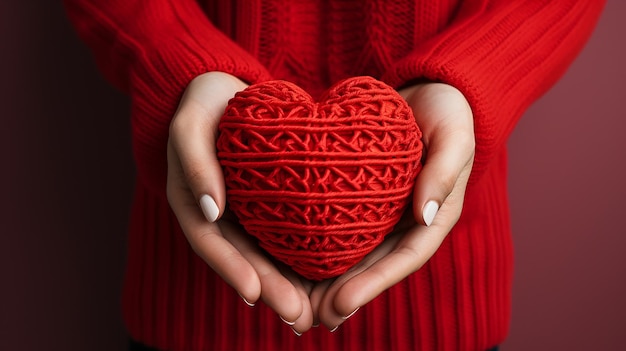 dos manos femeninas sosteniendo un corazón de mimbre rojo