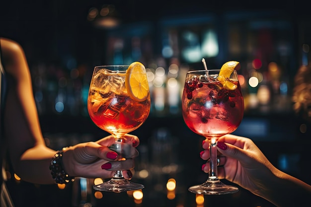 Dos manos femeninas sosteniendo vasos de cóctel rojo con hielo y limón en el fondo del bar Imagen recortada de amigas tintineando vasos con cócteles en el mostrador del bar AI generado