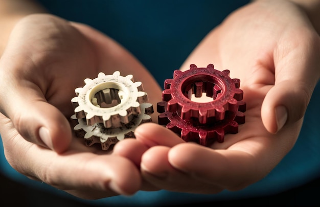 Dos manos de negocios sosteniendo ruedas dentadas