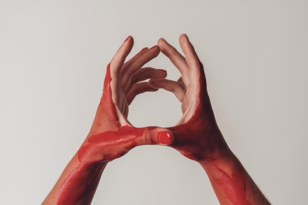 Dos manos pintadas de rojo forman un círculo contra un fondo blanco