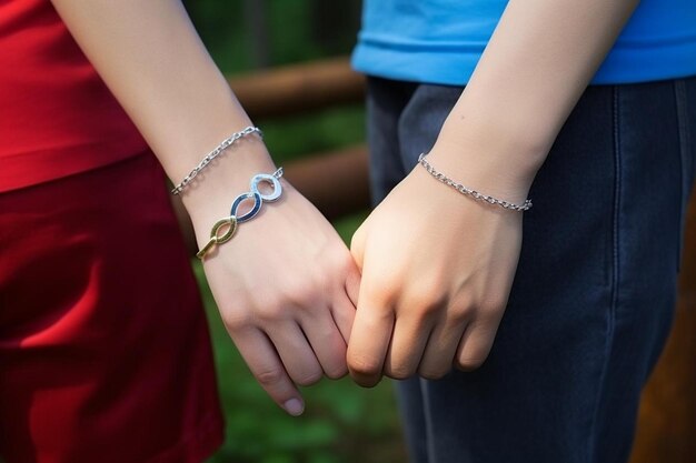 Foto dos manos que se sostienen el otro dedo meñique prometen pulseras de amistad y el signo infinito internacional