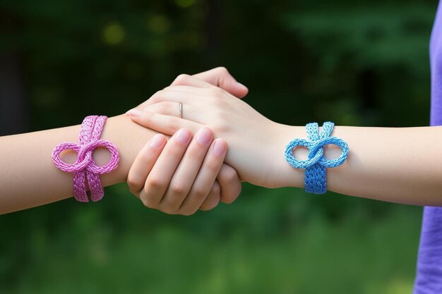 Foto dos manos que se sostienen el otro dedo meñique prometen pulseras de amistad y el signo infinito internacional