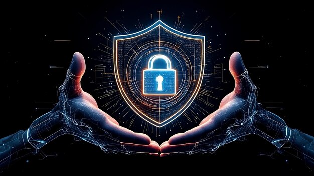 Dos manos robóticas muy detalladas sostienen un escudo semitransparente radiante con corrientes de datos giratorias