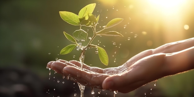 Dos manos sosteniendo agua de cerca están regando un árbol joven en un parque al atardecer Generativo Ai