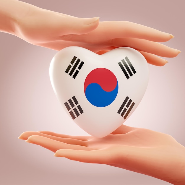 Dos manos sosteniendo el corazón con la bandera de Corea del Sur Concepto de amor libertad independencia y apoyo al país Representación 3D