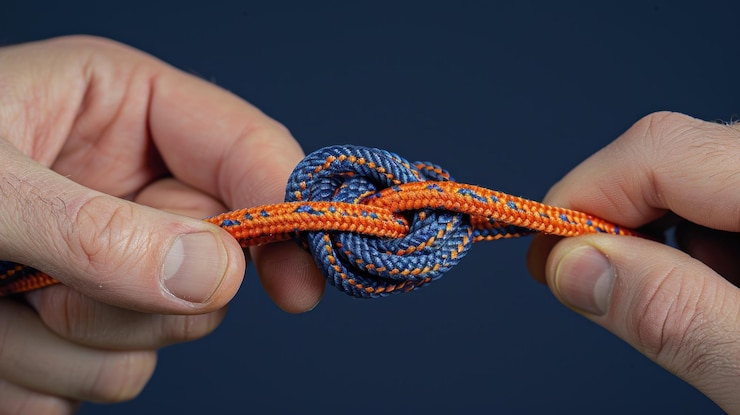 Foto dos manos sosteniendo una cuerda azul y naranja atada en un nudo contra un fondo azul oscuro