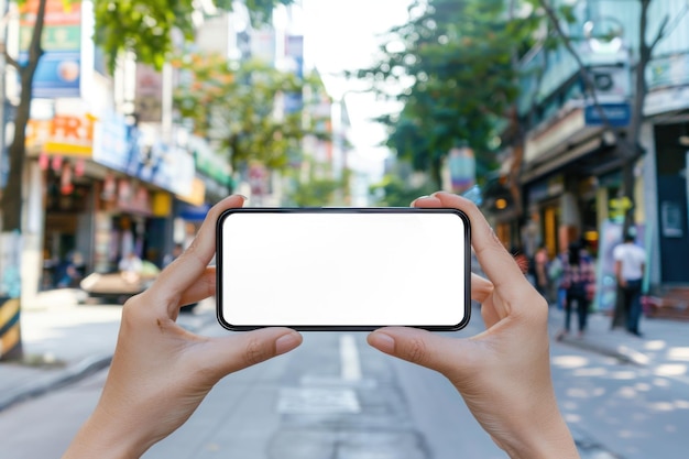 Dos manos sosteniendo un dispositivo móvil con pantalla blanca horizontal en el fondo de la calle al aire libre