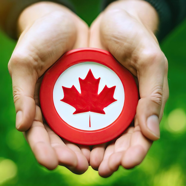 Dos manos sosteniendo una hoja de arce roja que dice canadá.