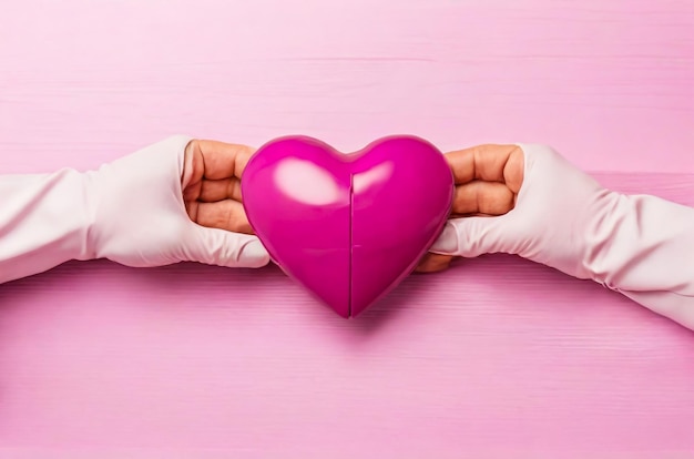 dos manos sosteniendo un objeto en forma de corazón con un corazón rosa en el fondo rosa