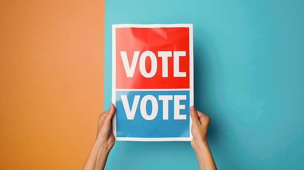 Foto dos manos sosteniendo un papel que dice votar en él