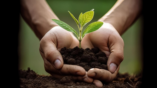 Dos manos sosteniendo una pequeña planta en el suelo