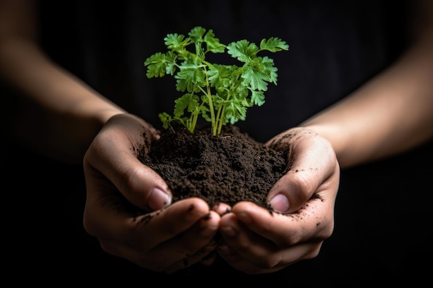 Dos manos sosteniendo una planta que crece en el suelo creado con IA generativa