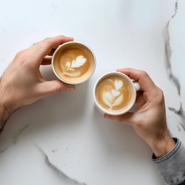 Dos manos sosteniendo tazas blancas llenas de café en una superficie limpia