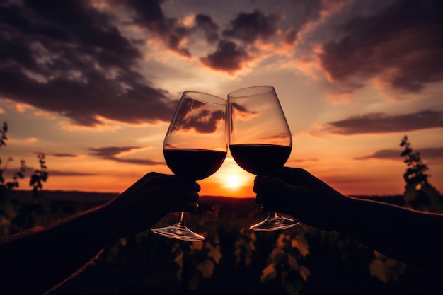 Dos manos sostienen copas de vino contra el fondo de la puesta de sol Una pareja bebe vino al aire libre Un hombre y una mujer están teniendo una cena romántica