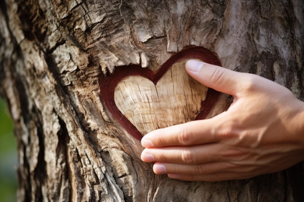 Dos manos tallando la forma de un corazón en la corteza de un árbol