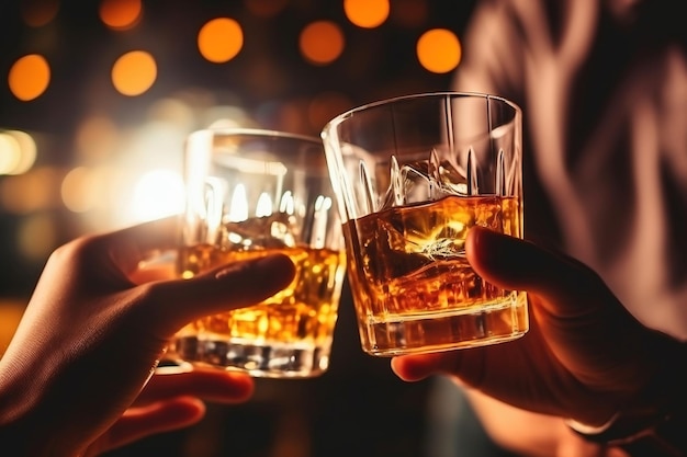 Dos manos tintinean vasos de whisky wiskey en el acogedor menú para beber en el bar