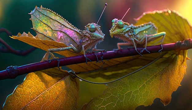 Dos mantis religiosas están sentadas en una hoja.