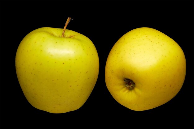 Dos manzanas amarillas maduras sobre fondo negro