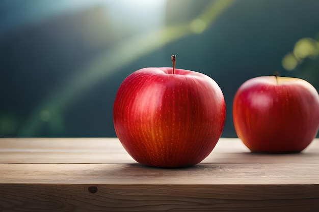 Dos manzanas rojas sobre una mesa de madera con un fondo borroso