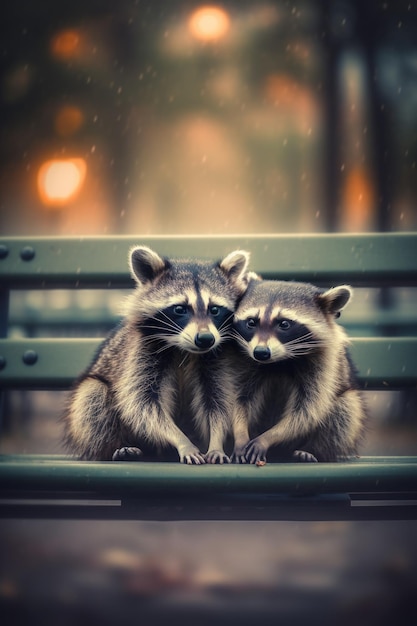 Dos mapaches sentados en un banco bajo la lluvia Imagen generativa de IA