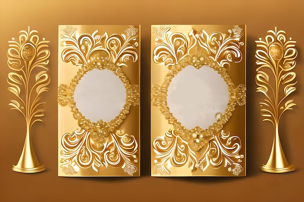 Dos marcos dorados con diseños dorados están sobre un fondo marrón.