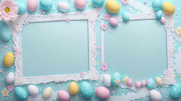 Dos marcos de Pascua azul pastel y rosa con huevos sobre un fondo azul.