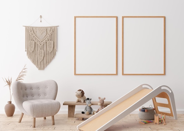 Dos marcos verticales vacíos en la pared blanca en la habitación infantil moderna Mock up interior en estilo boho escandinavo Espacio de copia libre para su imagen Juguetes Macrame Habitación acogedora para niños Representación 3D