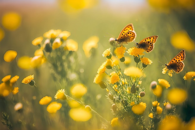 Dos mariposas en un campo de flores amarillas