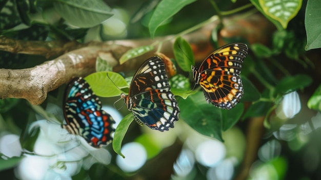 Dos mariposas descansando en la cima de un árbol cubierto de hojas verdes