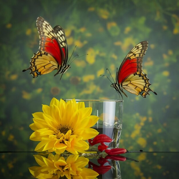 Foto dos mariposas rojas y amarillas en flor en un fondo abstracto