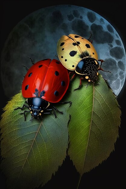 Dos mariquitas están sentadas en una hoja con la luna al fondo.