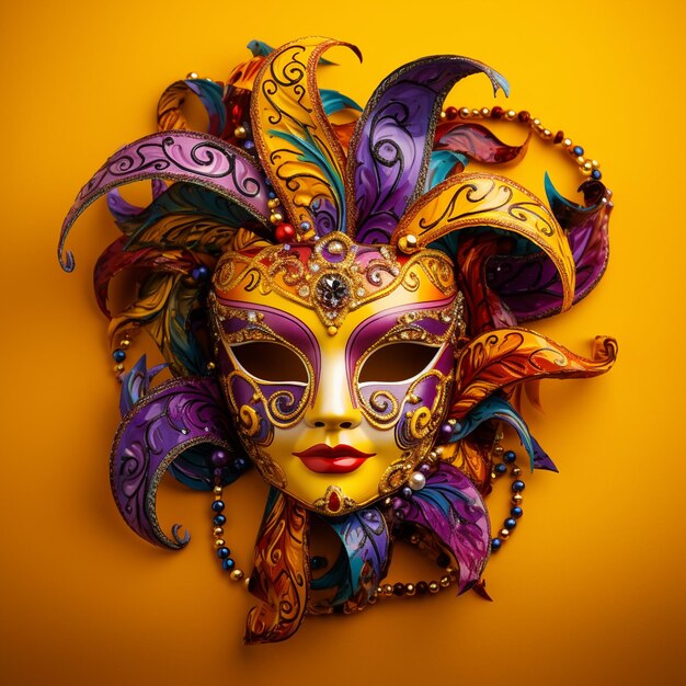 Foto dos máscaras de mardi gras con cuentas de colores en un fondo amarillo