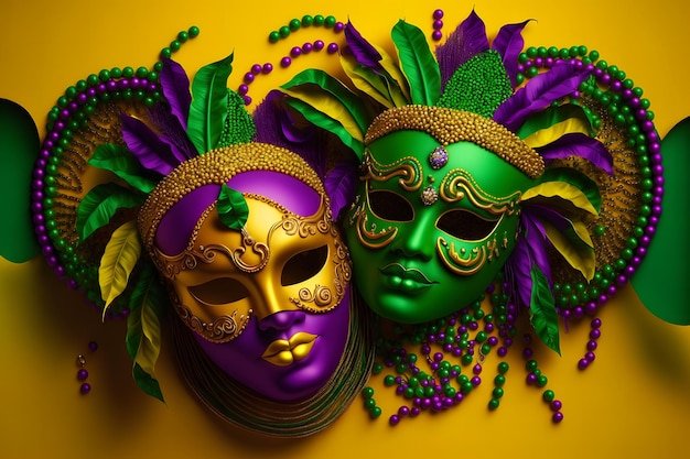 Dos máscaras de mardi gras están una al lado de la otra.