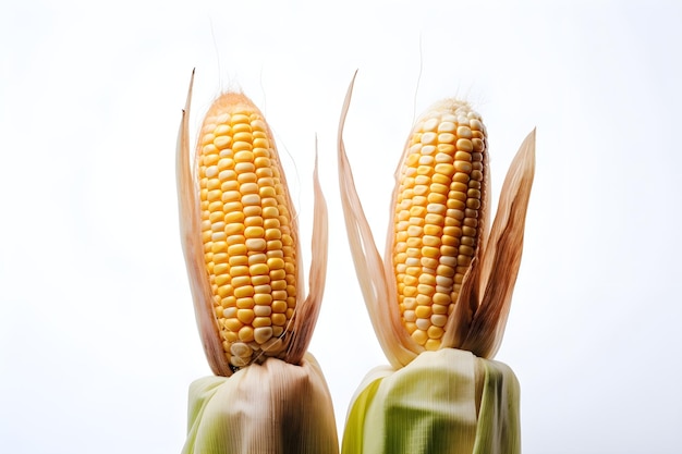 Dos mazorcas de maíz sobre un fondo blanco.