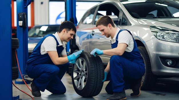 Dos mecánicos de automóviles cooperando mientras reparan el neumático del coche de los clientes en un taller de reparación de automóviles