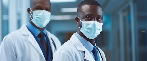 Dos médicos con máscaras de protección de pie frente al fondo del hospital creado con tecnología de IA generativa