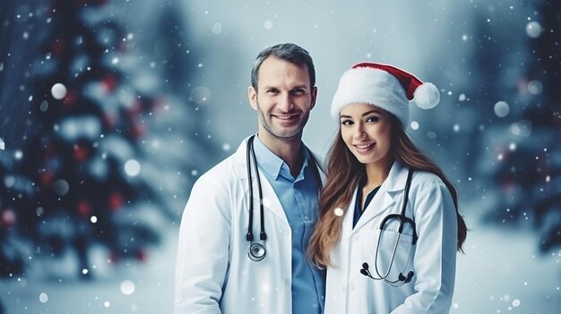 Foto dos médicos con sombreros de papá noel de pie frente a un árbol de navidad