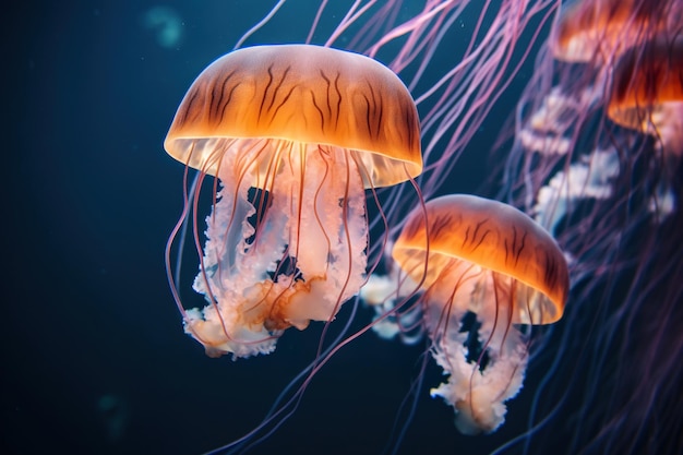 Dos medusas de color amarillo naranja nadan en el mar de la naturaleza