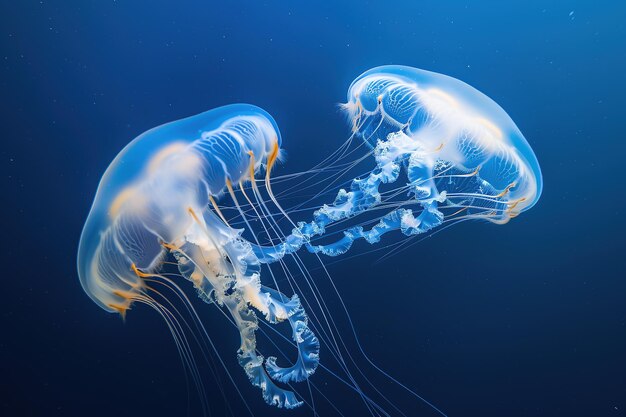 Dos medusas flotan con gracia en el profundo mar azul sus tentáculos arrastrándose como delicadas cintas