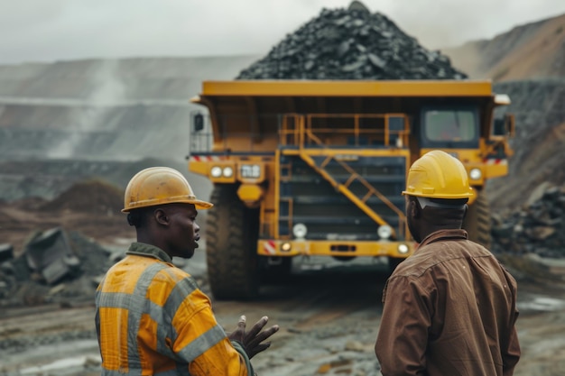 Dos mineros africanos están discutiendo el mantenimiento de un gran camión de descarga