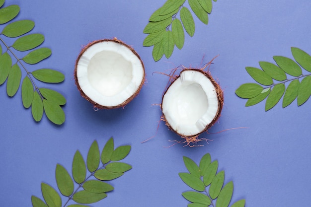 Dos mitades de coco picado sobre fondo morado con hojas verdes