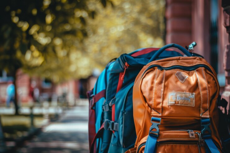 Dos mochilas coloridas en exhibición al aire libre con un fondo de otoño de enfoque suave
