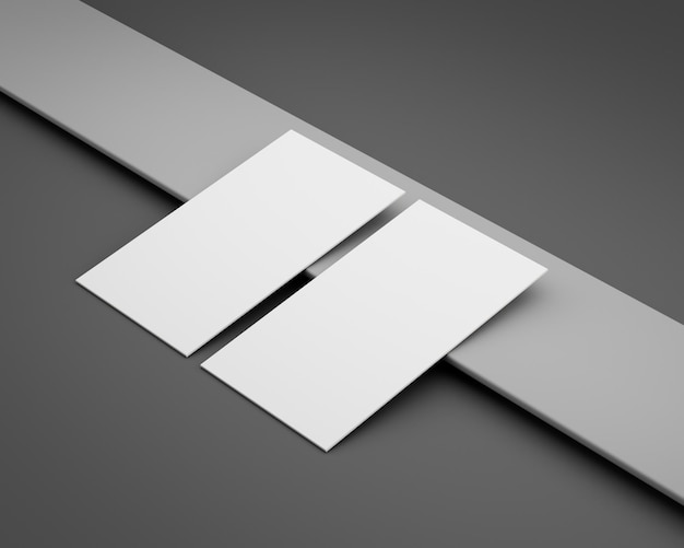 Dos modelos de tarjetas de visita blancas se colocan en una superficie rectangular gris Ilustración 3D