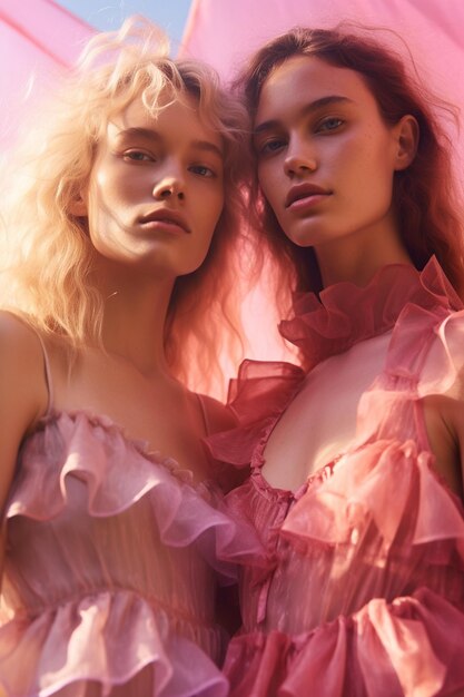 dos modelos con vestidos rosas con cabello rosa y cabello rosa