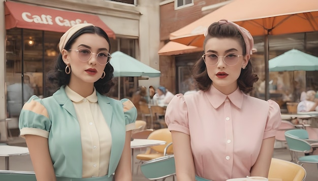 Foto dos modelos vestidos con trajes retro en un café vintage