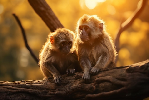 Dos monos están sentados en una rama de un árbol tropical