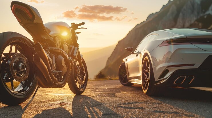 dos motocicletas están estacionadas en la carretera y una de ellas tiene una puesta de sol en el fondo
